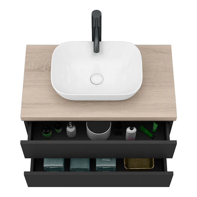 Atlas Matt Black and Oak Countertop Basin Unit - 800mm 2 Drawer with Gloss White Basin