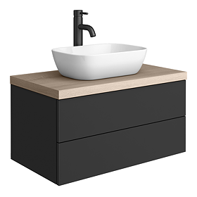 Atlas Matt Black and Oak Countertop Basin Unit - 800mm 2 Drawer with Gloss White Basin