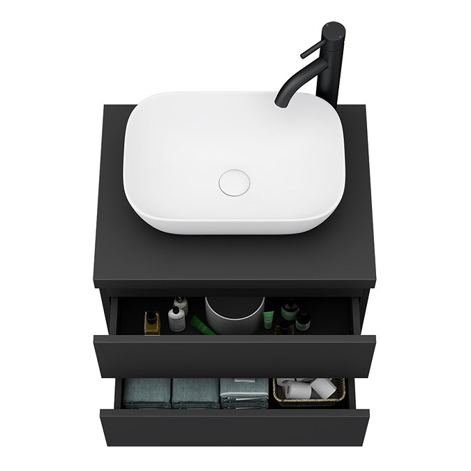 Atlas Matt Black Countertop Basin Unit - 600mm 2 Drawer with Gloss White Basin