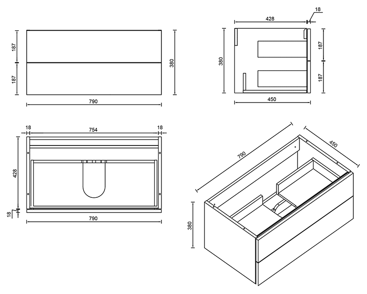 Atlas Matt Black Countertop Basin Unit - 800mm 2 Drawer with Gloss White Basin