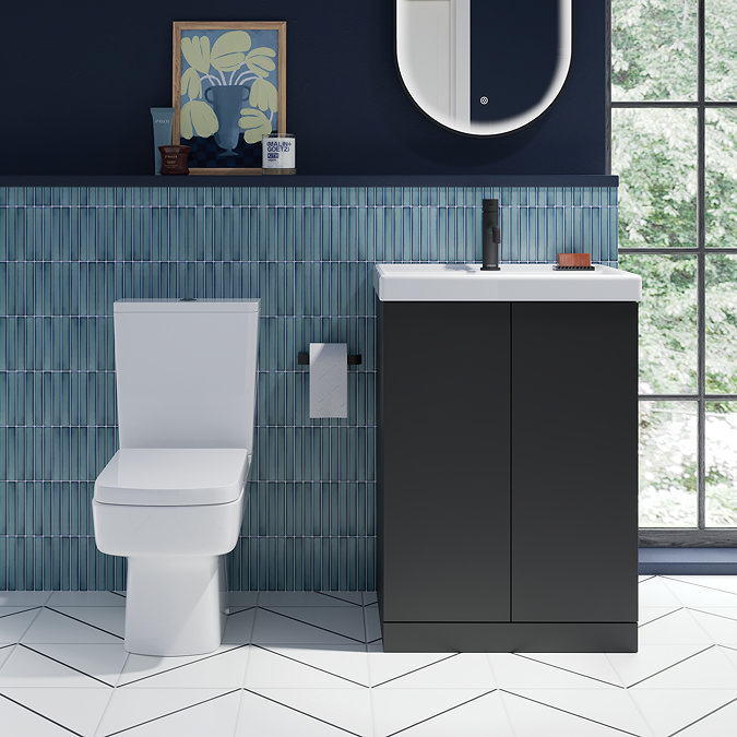 Atlas Matt Black L-Shaped Shower Bath Suite with 600mm Vanity & Toilet