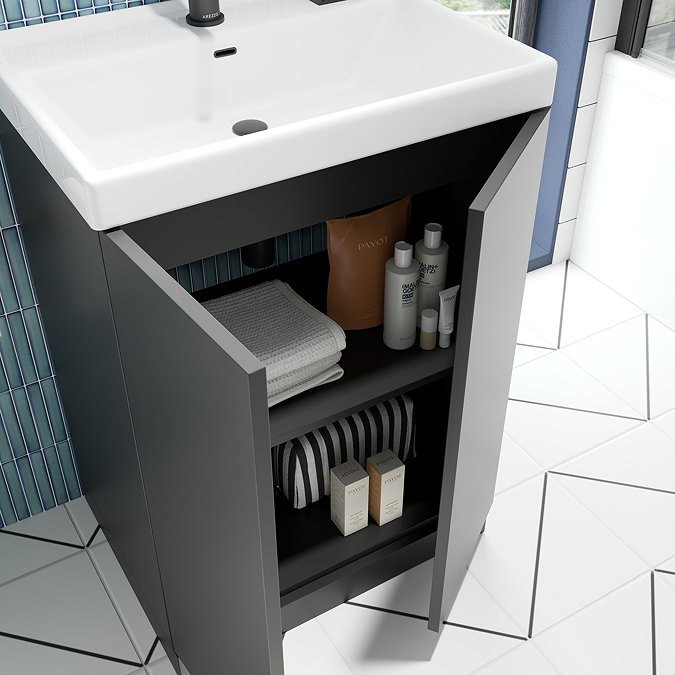 Atlas Matt Black L-Shaped Shower Bath Suite with 600mm Vanity & Toilet
