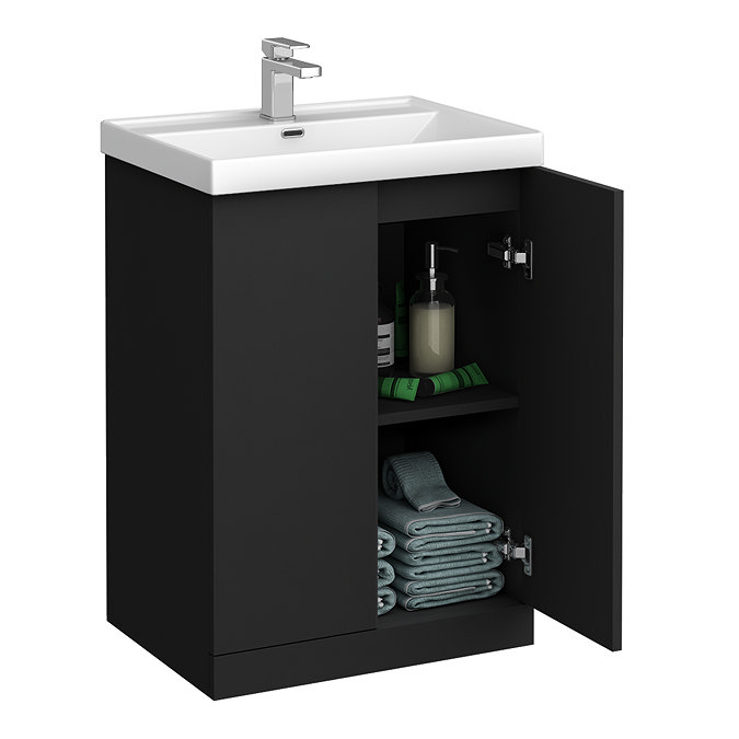 Atlas Matt Black L-Shaped Shower Bath Suite with 600mm Vanity & Toilet
