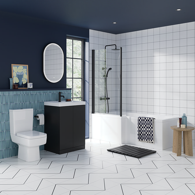 Atlas Matt Black L-Shaped Shower Bath Suite with 600mm Vanity & Toilet