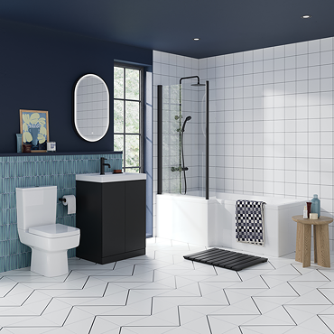 Atlas Matt Black L-Shaped Shower Bath Suite with 600mm Vanity & Toilet