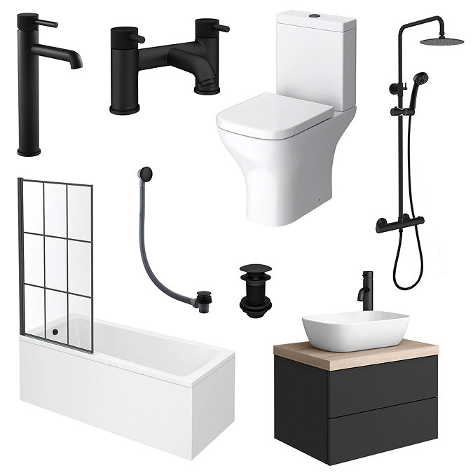 Atlas Matt Black & Oak Complete Modern Bathroom Package