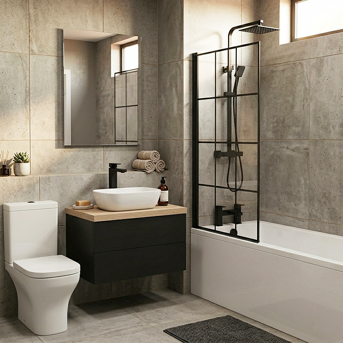 Atlas Square Matt Black & Oak Complete Modern Bathroom Package