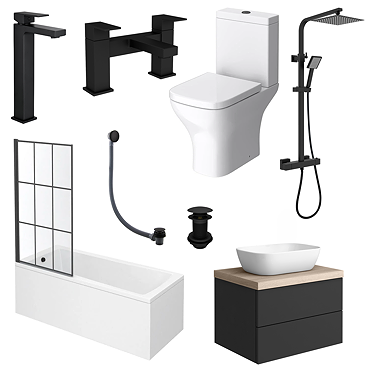 Atlas Square Matt Black & Oak Complete Modern Bathroom Package