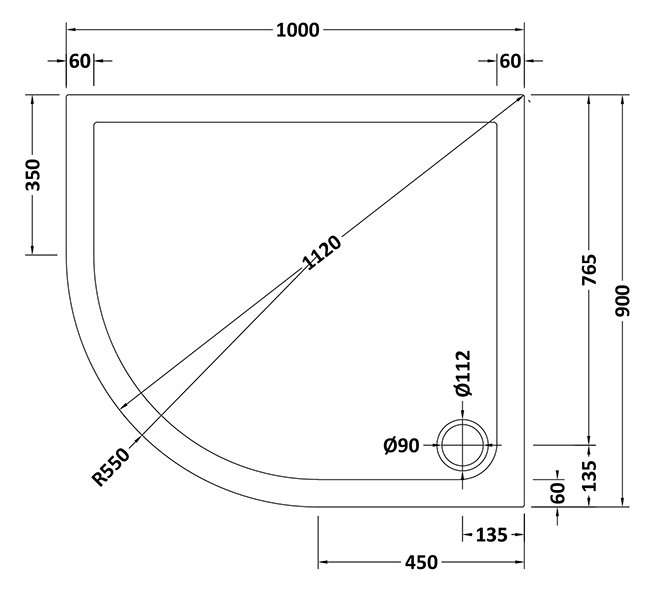 Aurora 1000 x 900mm LH Anti-Slip Offset Quadrant Shower Tray