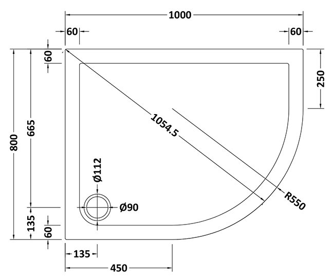 Aurora 1000 x 900mm RH Anti-Slip Offset Quadrant Shower Tray