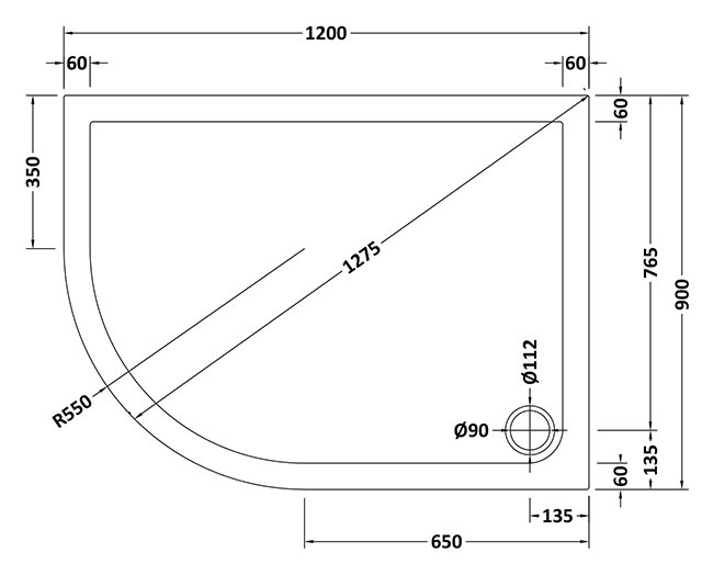 Aurora 1200 x 900mm LH Anti-Slip Offset Quadrant Shower Tray