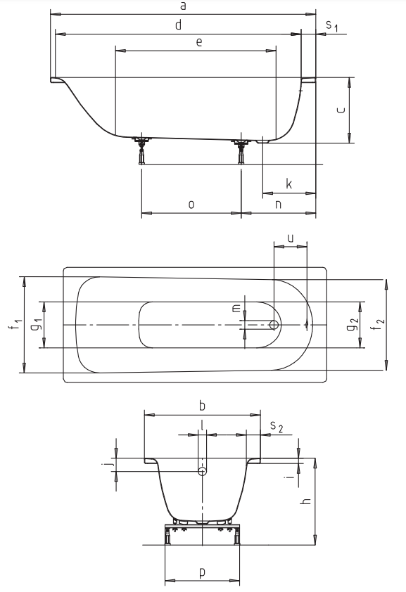 Aurora 1500 x 700mm 0TH Steel Enamel Bath with Legset