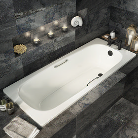 Aurora 1600 x 700mm 2TH Steel Enamel Bath with Grips + Anti Slip Large Image