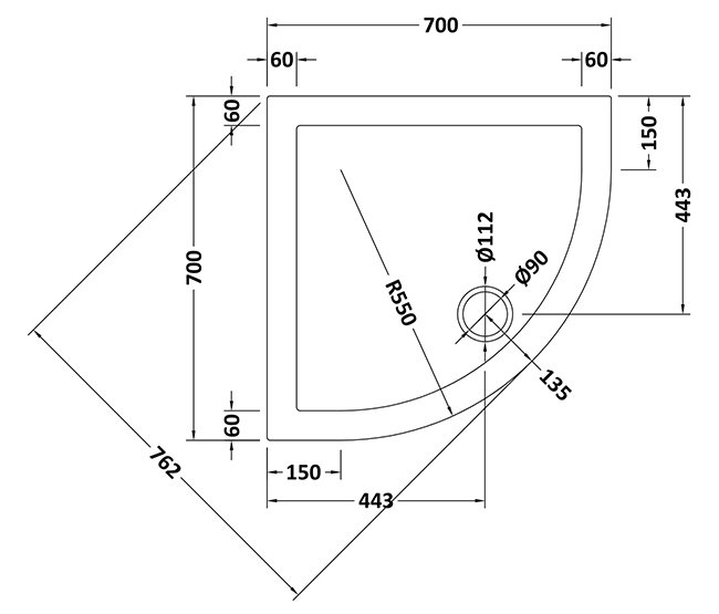 Aurora 700 x 700mm Anti-Slip Stone Quadrant Shower Tray