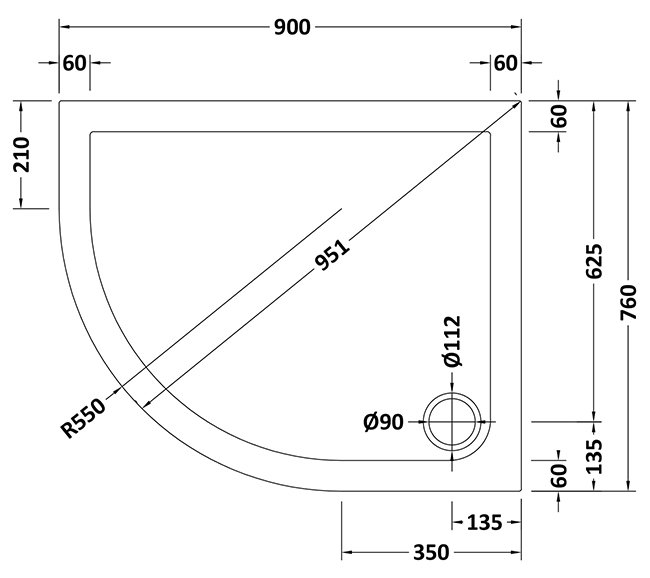 Aurora 900 x 760mm LH Anti-Slip Offset Quadrant Shower Tray
