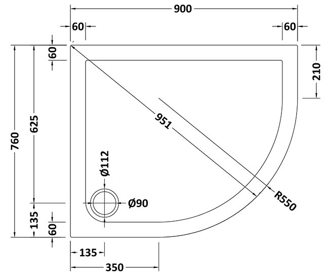 Aurora 900 x 760mm RH Anti-Slip Offset Quadrant Shower Tray