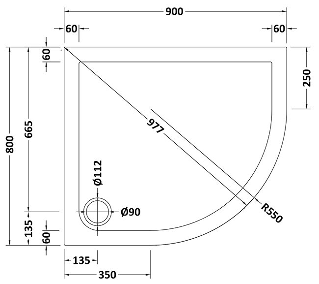 Aurora 900 x 800mm RH Anti-Slip Offset Quadrant Shower Tray