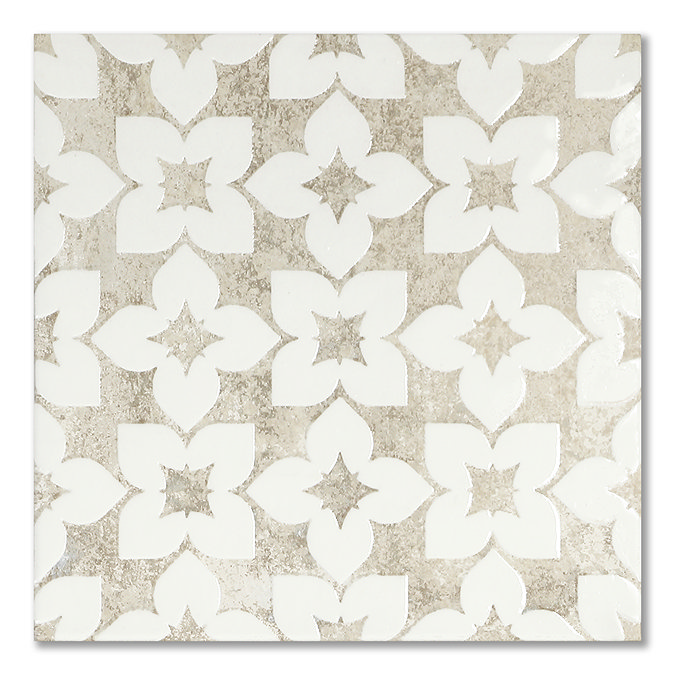 Azrou White Patterned Vintage Effect Wall and Floor Tiles - 200 x 200mm