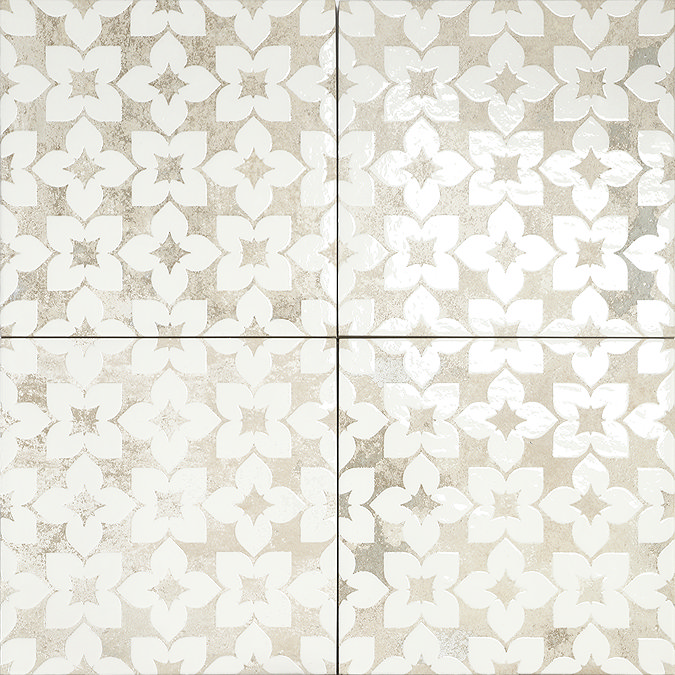 Azrou White Patterned Vintage Effect Wall and Floor Tiles - 200 x 200mm