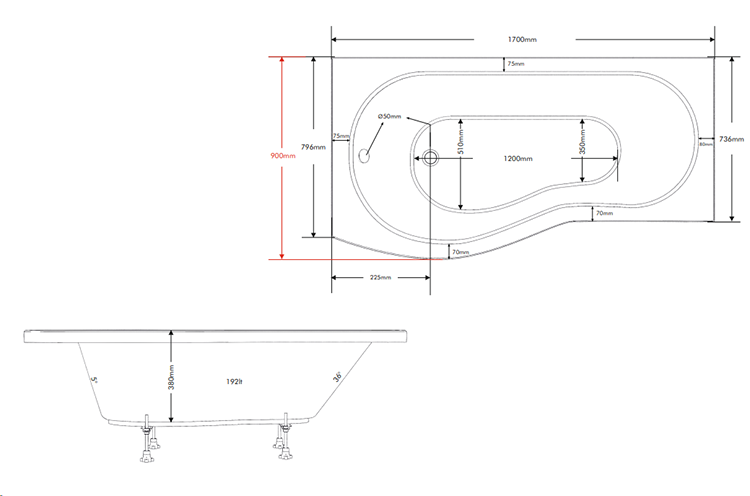 Cruze B Shaped Shower Bath - 1700mm incl. Screen with Rail & Panel