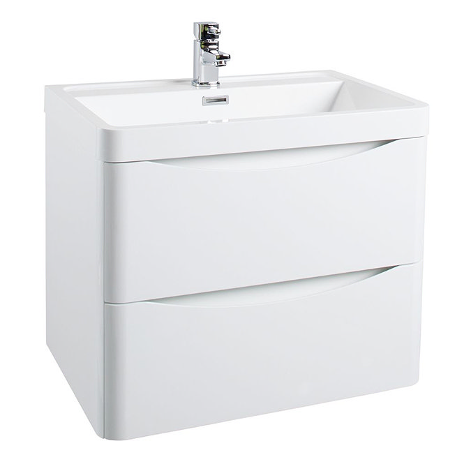 Bali White Gloss 600mm Wall Mounted 2-Drawers Cabinet + Basin Large Image