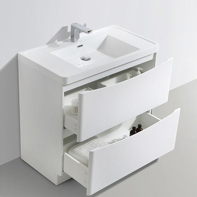 Bali White Gloss 900mm Floor Standing 2-Drawers Cabinet + Basin  Feature Large Image