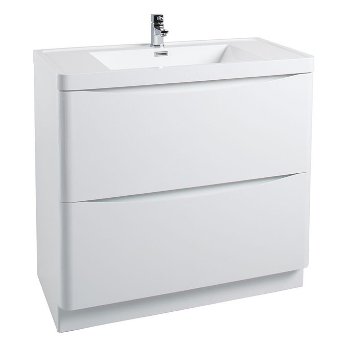 Bali White Gloss 900mm Floor Standing 2-Drawers Cabinet + Basin  Large Image