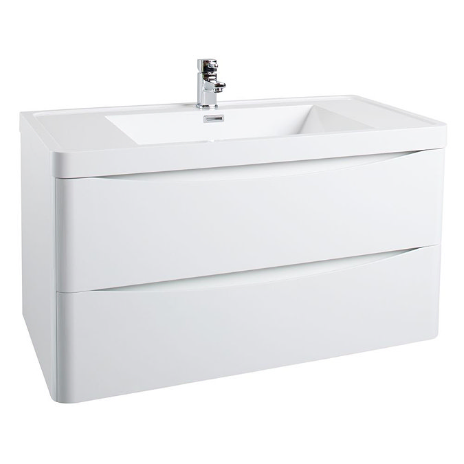 Bali White Gloss 900mm Wall Mounted 2-Drawers Cabinet + Basin Large Image