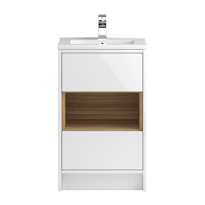 Coast 500mm Floorstanding 2 Drawer Vanity Unit with Open Shelf & Basin - Gloss White/Coco Bolo Large