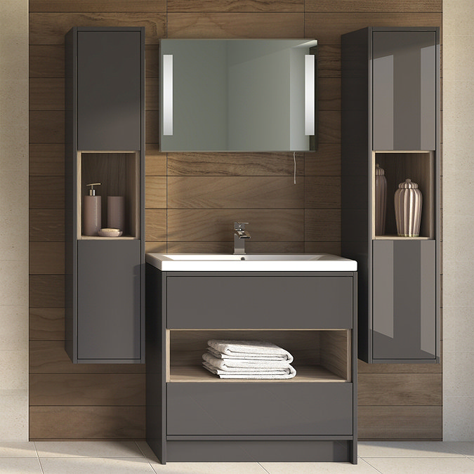 Coast 500mm Floorstanding 2 Drawer Vanity Unit with Open Shelf & Basin - Grey Gloss/Driftwood Featur