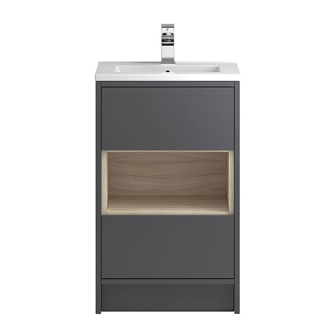 Coast 500mm Floorstanding 2 Drawer Vanity Unit with Open Shelf & Basin - Grey Gloss/Driftwood Large