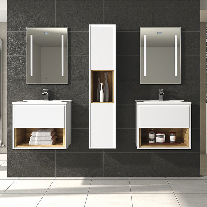 Coast 500mm Wall Mounted Vanity Unit with Open Shelf & Basin - Gloss White/Coco Bolo Feature Large