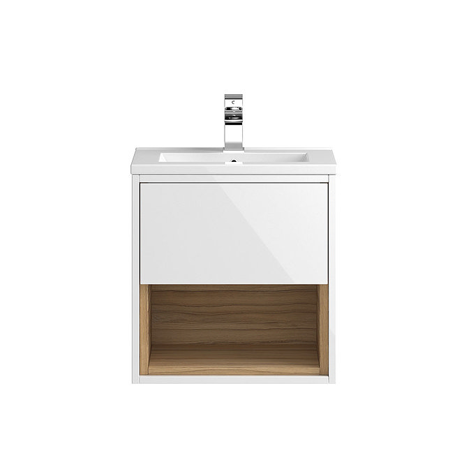 Coast 500mm Wall Mounted Vanity Unit with Open Shelf & Basin - Gloss White/Coco Bolo Large Image