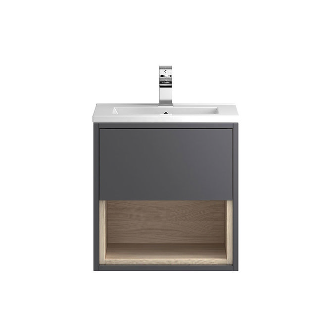 Coast 500mm Wall Mounted Vanity Unit with Open Shelf & Basin - Grey Gloss/Driftwood Large Image