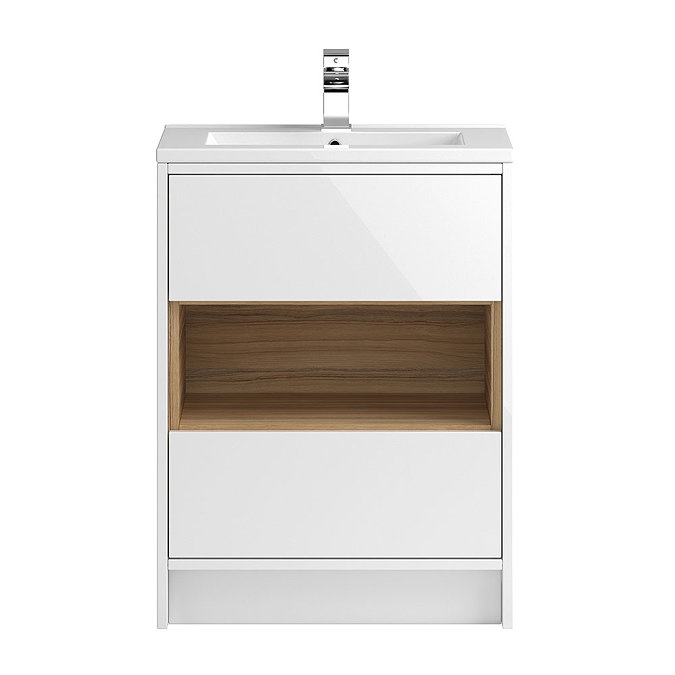 Coast 600mm Floorstanding 2 Drawer Vanity Unit with Open Shelf & Basin - Gloss White/Coco Bolo Large