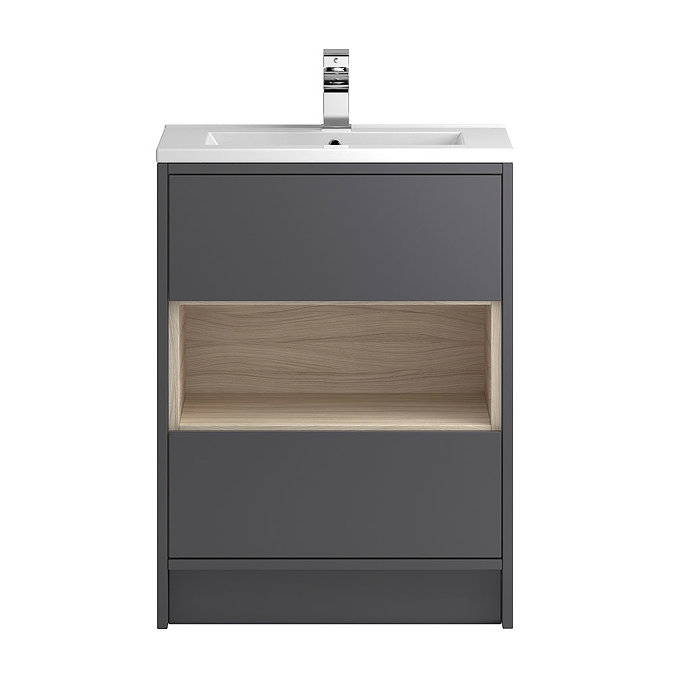 Coast 600mm Floorstanding 2 Drawer Vanity Unit with Open Shelf & Basin - Grey Gloss/Driftwood Large