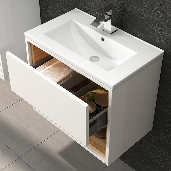 Coast 600mm Wall Mounted Vanity Unit with Open Shelf & Basin - Gloss White/Coco Bolo Profile Large I