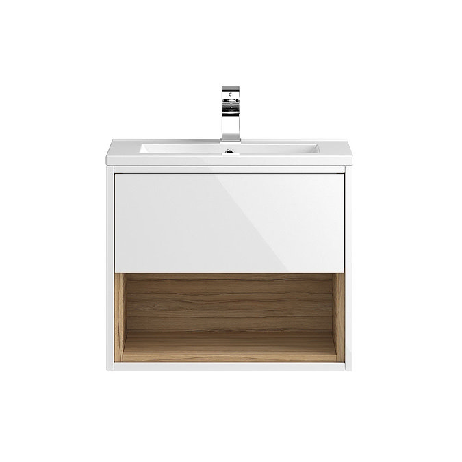 Coast 600mm Wall Mounted Vanity Unit with Open Shelf & Basin - Gloss White/Coco Bolo Large Image