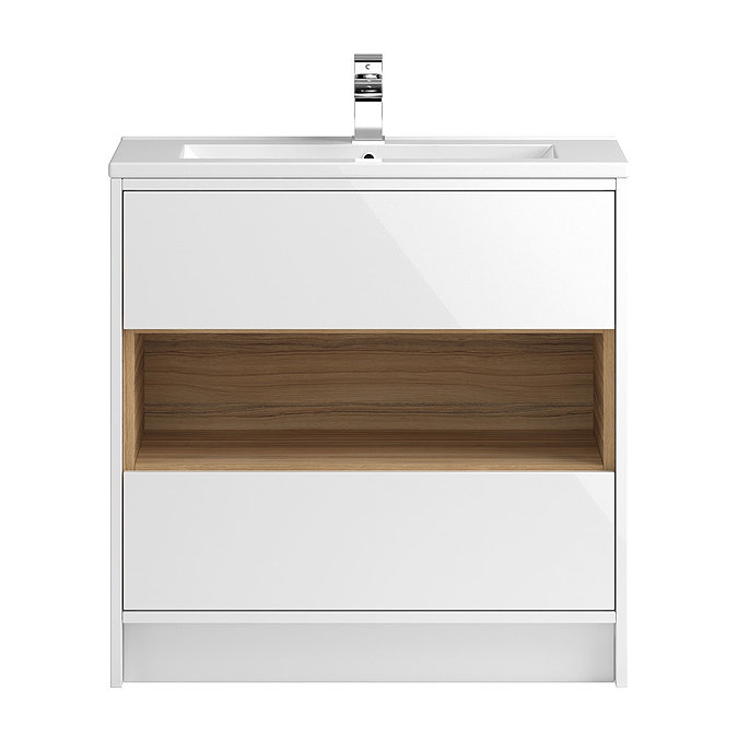 Coast 800mm Floorstanding 2 Drawer Vanity Unit with Open Shelf & Basin - Gloss White/Coco Bolo Large