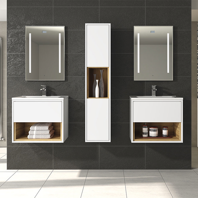 Coast 800mm Wall Mounted Vanity Unit with Open Shelf & Basin - Gloss White/Coco Bolo Feature Large I