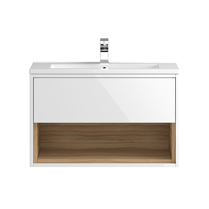 Coast 800mm Wall Mounted Vanity Unit with Open Shelf & Basin - Gloss White/Coco Bolo Large Image