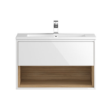 Coast 800mm Wall Mounted Vanity Unit with Open Shelf & Basin - Gloss White/Coco Bolo Feature Large I