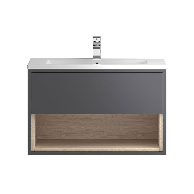 Coast 800mm Wall Mounted Vanity Unit with Open Shelf & Basin - Grey Gloss/Driftwood Large Image