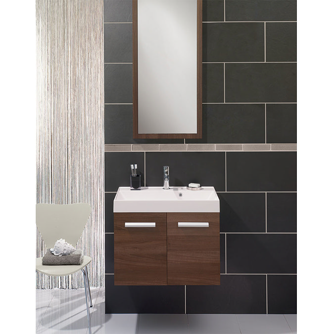 Bauhaus - Design Wall Hung Door Vanity Unit and Basin - Walnut - 3 Size Options Feature Large Image