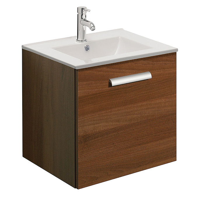 Bauhaus - Design Plus Wall Hung Single Drawer Vanity Unit & Ceramic Basin - Walnut - 3 Size Options