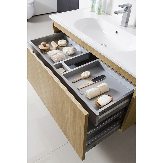 Bauhaus - Linea Wall Hung Vanity Unit with Round Basin - Spanish Oak - 4 Size Options additional Large Image