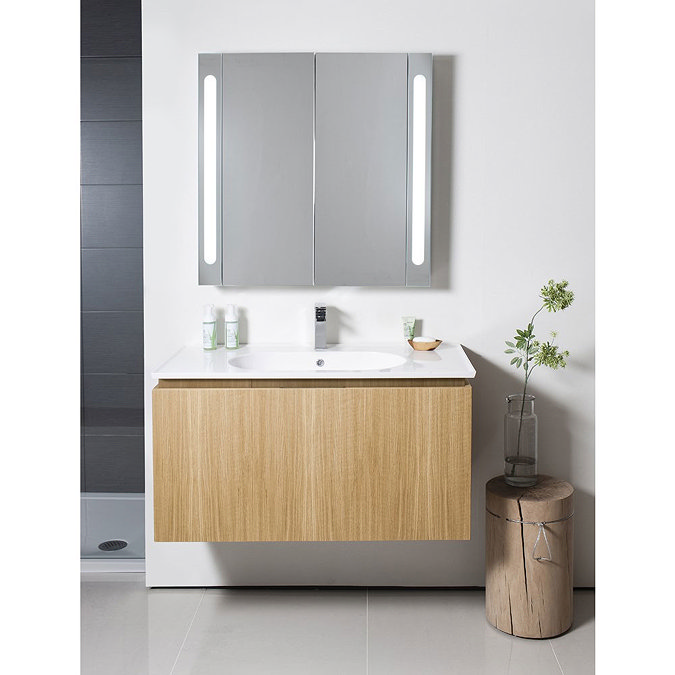 Bauhaus - Linea Wall Hung Vanity Unit with Square Basin - Spanish Oak - 4 Size Options Standard Large Image