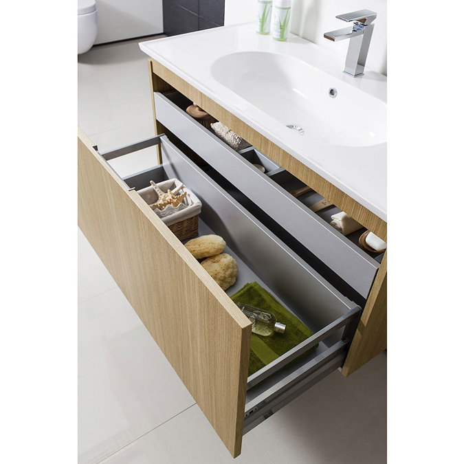 Bauhaus - Linea Wall Hung Vanity Unit with Square Basin - Spanish Oak - 4 Size Options In Bathroom Large Image
