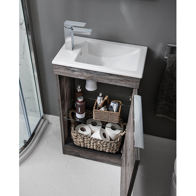 Bauhaus Zion Single Door Floor Standing Unit + Basin - Natural Walnut Feature Large Image