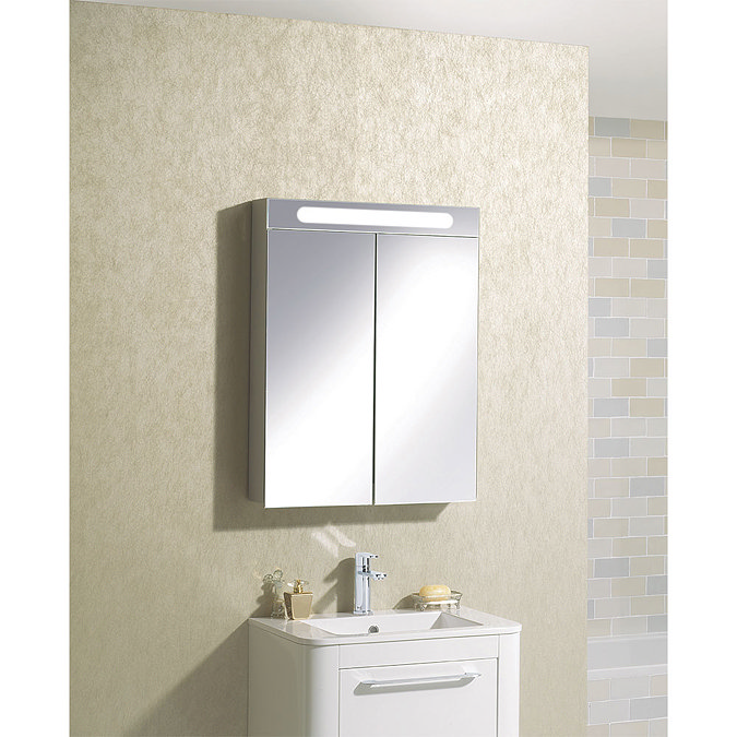 Bauhaus - 600mm Illuminated Aluminium Mirrored Cabinet with Shaving Socket - CB6080AL In Bathroom La